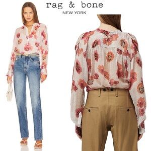 Rag & Bone Silk Blouse Pink Ivory Carla Floral Long Sleeve Romantic Victorian L